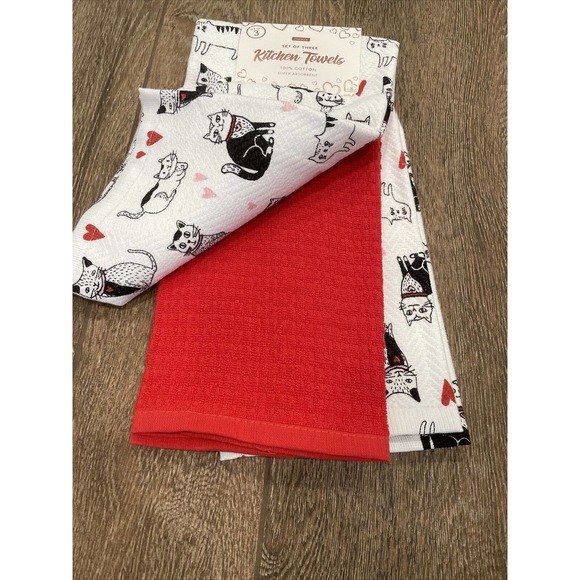 Set 3 CATS Black White Red Kitchen Towels Cat Mom Pink Hearts Mothers Day NEW - Picture 4 of 4